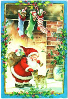 Fêtes - Voeux : Santa Claus - Père Noël : Caressant Un Chat : Carte Double à Volet : Format : 17cm X 11,5cm - Santa Claus