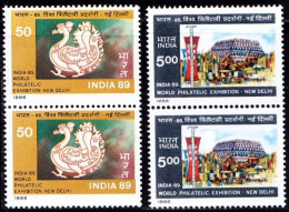 India 1987 MNH 2v Vertical Pair, Int. Stamp Exhibition, Peacock, Birds - Pfauen