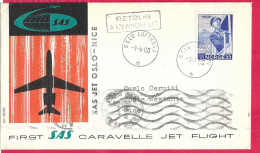 NORGE - FIRST CARAVELLE FLIGHT - SAS - FROM OSLO TO NICE *1.4.60* ON OFFICIAL COVER - Covers & Documents