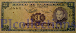 GUATEMALA 20 QUETZAL 1967 PICK 55c VF RARE W/PIN HOLES - Guatemala