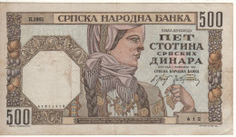SERBIA   500   Srpskih Dinar P27b     Dated   01.11.1941   "	 Watermark: Woman's Head With Wreath " - Serbia