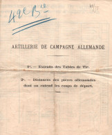 ARTILLERIE DE CAMPAGNE ALLEMANDE TABLES DE TIR DUREES TRAJET VITESSES ANGLES DE CHUTE GUERRE 1914 1918 - 1914-18