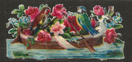 Découpis Gaufrée Fleur Oiseaux Posés Sur Une Barque Année 1900 - Flores