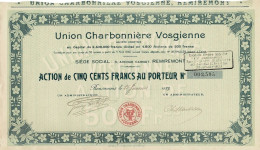 Titre De 1923 - Union Charbonnière Vosgienne - - Mines