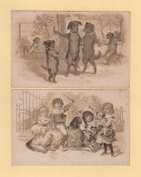 Illustrateur - Lot De 2 Cartes Gaufrees - Animaux Humanises - Chiens Chats Enfants - 1900-1949