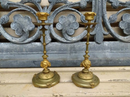 Anciens Bougeoirs XIXème Bronze Doré Décor De Mures, Abeilles & Scarabées - Candelabri E Candelieri