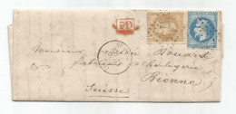 FRANCE N°28+29 GC ST MALO LETTRE COVER 3 MAI 1869 POUR SUISSE - 1863-1870 Napoléon III Lauré