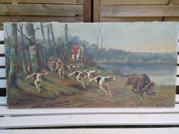 Tableau Scène De Chasse à Courre Equipage Chiens De Meute Sanglier Signé Rolier - Oelbilder