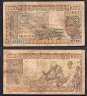 1000 Francs CFA, 1990 A, Côte D'Ivoire, V.022, A 298911, Oberthur, P#_07, Banque Centrale États De L'Afrique De L'Ouest - États D'Afrique De L'Ouest