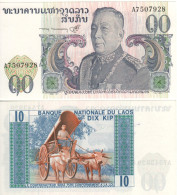 LAOS 10 Kip  P15a  (ND 1974)  UNC    " King Savang Vatthana + OX With Cart At Back " - Laos