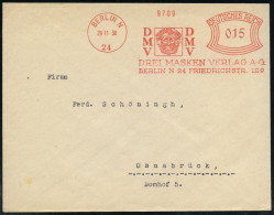 BERLIN N/ 24/ DMV/ DREI MASKEN VERLAG AG. 1930 (29.11.) Dekorativer AFS Francotyp "Bogenrechteck" = 3 Antike, Griechisch - Arqueología