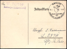 BERLIN/ TAG DER BRIEFMARKE/ B/ GDS 1943 (10.1.) SSt = Merkurkopf Klar Auf Feldpost-Kt. An Fp.Nr. L. 29711 (= Flak-Abt. 4 - Mythology