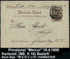 Hannover 1898 (19.4.) Stadtpost "Mercur", Teilgezähnter Karten-Bf. 3 Pf. "Mercur-Brief", Braun (rs. Tarife) , 8eck-Gitte - Mythologie