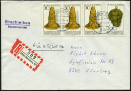 B.R.D. 1977 (16.8.) 30 Pf. "Goldener Hut" (Bronzezeit-Kultkegel) 3er-Streifen + 200 Pf. Centaurenkopf Schwarzenacker, Sa - Arqueología