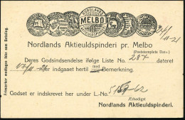 NORWEGEN 1921 (Nov.) Reklame-PP 10 Ö. Posthorn, Rot : NORDLANDS/MELBO/AKTIEULDSPINDERI.. + Zudruck: MELBO/ (5 Medaillen  - Other & Unclassified