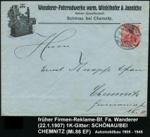 SCHÖNAU/ BEI CHEMNITZ 1907 (12.1.) 1K-Gitter Auf Reklame-Bf: Wanderer-Fahrradwerke Vorm. Winklhofer & Jaenicke, Motorräd - Voitures