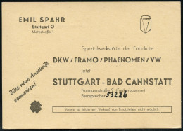 STUTTGART 9/ M/ Gebühr Bezahlt 1946 (14.2.) 1K-Brücken-PFS 3 Pf. Auf Firmen-Kt.: EMIL SPAHR:: Spezialwerkstätte Der Fabr - Cars