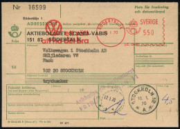 SCHWEDEN 1970 (15.1.) AFS: SÖDERTÄLJE/LIC.12491/VW Ett Sätt.. (VW-Logo) 4.50 Kr Auf Inl-Paketkarte : AB SCANIA-VABIS  -  - Voitures