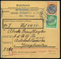 BÖHMEN & MÄHREN 1940 (6.2.) 2K-Steg: PILSEN/c/DEUTSCHE DIENSTPOST BÖHMEN-MÄHREN Auf Hindenburg 5 Pf. + 100 Pf. (Deutsche - Coches