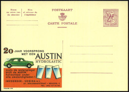 BELGIEN 1959 2 F. Reklame-P. Wappenlöwe, Weinrot: 20 JAAR VOORSPRONG..AUSTIN/HYDROLASTIC.. = Austin "Hydrolastic" (u. 3  - Voitures