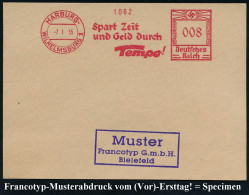 HARBURG-/ WILHELMSBURG 1/ Spart Zeit/ U.Geld Durch/ Tempo! 1935 (7.1.) AFS Francotyp-Musterabdruck "Hakenkreuz" = Herste - Trucks