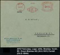 BERLIN O/ 112/ K 1931 (30.9.) AFS Francotyp = Stilis. Bremszylinder U. Bremsbacke (= Firmen-Logo) Firmen-Bf.: Knorr-Brem - Voitures