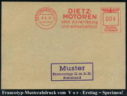 DETTINGEN (TECK)/ DIETZ-/ MOTOREN/ Sind Zuverlässig.. 1939 (26.6.) AFS-Musterabdruck Francotyp "Reichsadler" , Glasklar  - Cars