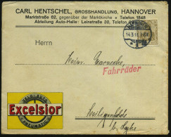Hannover 1 1911 (März) Dreifarbiger Reklame-Bf.: Excelsior/VELO-AUTO/PNEUMATIC , Fa. CARL HENTSCHEL..Abt. Auto-Halle , A - Cars