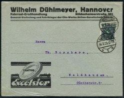 Hannover 1 1923 (14.2.) Reklame-Bf.: Excelsior TRACTOR, Wilhelm Dühlmeyer.. (Fahrrad-Großhandlung..Generalvertretung Cit - Autos