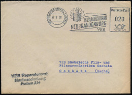 NEUBRANDENBURG (MECKL)RWN/ REPARATURWERK/ NEUBRANDENBURG/ VEB 1960 (30.9.) Blauer AFS = Monogr. Vor Zahnrad + Abs.-HdN., - Coches