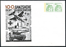 B.R.D. 1983 PU 50 Pf. + 50 Pf. Burgen, Grün: 100. GANZSACHE DER BUNDESWEHR.. = Panzer "Leopard II" (u. Kampfjet, Minensu - Andere (Aarde)