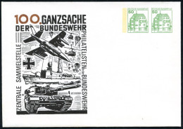 B.R.D. 1983 PU 50 Pf. + 50 Pf. Burgen, Grün: 100. GANZSACHE DER BUNDESWEHR.. = Panzer "Leopard II" (u. Kampfjet, Minensu - Other (Earth)