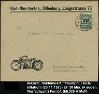 OLDENBURG/ *(OLDB)g 1923 (26.11.) 1K-Brücke Auf EF 20 Mia. Mk., Reklame-Bf.: Rad-Munderloh.. = "Triumph"-Motorrad , Selt - Motorräder