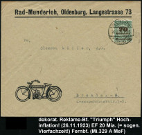 OLDENBURG/ *(OLDB)g 1923 (26.11.) 1K-Brücke Auf EF 20 Mia. Mk., Reklame-Bf.: Rad-Munderloh.. = "Triumph"-Motorrad , Selt - Motos