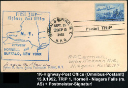 U.S.A. 1952 (15.9.) FaWSt: HORNELL & BUFFALO, N.Y./TRIP 2/H.P.O./FIRST TRIP = Highway Post Office + Blauer Strecken-HdN  - Cars