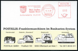 Kleve 1982 (16.9.) AFS: VORFÜHRSTEMPEL/POSTALIA/..Rhein.Straßen-/bauamt Wesel/Außenstelle KLEVE (Wappen) Postalia- Muste - Voitures