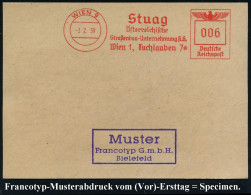 WIEN 9/ Stuag/ Österr./ Straßenbau-Unternehmung AG.. 1939 (3.2.) AFS-Musterabdruck Francotyp  "Reichsadler" , Glasklar G - Voitures