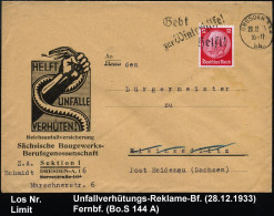 Dresden 1933 (28.12.) Reklame-Bf.: HELFT UNFÄLLE VERHÜTEN!, Reichsunfallversicherung Sächs. Baugewerks-Berufs-genossensc - Accidents & Road Safety