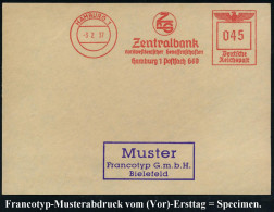 HAMBURG 1/ ZnG/ Zentralbank/ Norddeutscher Genossenschaften.. 1937 (3.2.) AFS-Musterabdruck Francotyp "Reichsadler" (Mon - Other