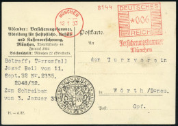 MÜNCHEN/ 22/ Versicherungskammer 1933 (12.1.) AFS Francotyp Auf Dienst-Kt. Mit Altem Bayer.Staatswappen , Betr. Turn-Unf - Autres