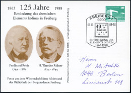 9200 FREIBERG 1/ ENTDECKUNG DES/ ELEMENTS INDIUM/ 1863 1988 (1.10.) Maschinen-SSt = Indium-Formel Auf PP 10 Pf. PdR, Grü - Chemistry