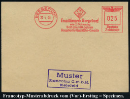 BERGEDORF/ Emaillierwerk Bergedorf/ Von D.Schoening/ Seit über 60 Jahren.. 1938 (22.4.) AFS-Musterabdruck Francotyp  "Re - Chemistry