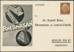 BERLIN NW 87 1935 (ca.) Antwort-PP 3 Pf. Hindenbg. Braun: Dr.Rud.Reiss/Rheumasan..Fabrik (Rheuma-Medikamente) Ungebr. An - Chemie