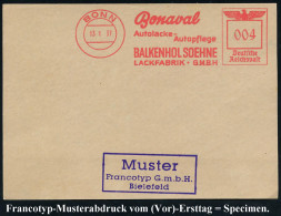 BONN/ Bonaval/ Autolacke-/ Autopflege/ BALKENHOL SÖHNE.. 1937 (13.1.) AFS-Musterabdruck Francotyp "Reichsadler" Glasklar - Chimie