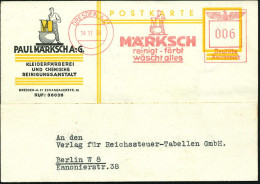 DRESDEN S 21/ MÄRKSCH/ Reinigt-färbt/ Wäscht Alles 1939 (14.11.) Dekorativer AFS Francotyp (Logo) = Mann Färbt Stoffbahn - Chimie