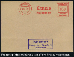 HAMBURG 36/ Emas/ Kaltasphalt 1939 (30.3.) AFS-Musterabdruck Francotyp "Reichsadler" Glasklar Gest. Francotyp-Musterblat - Scheikunde