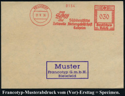 KELHEIM/ SZW/ Süddeutsche/ Zellwolle AG.. 1938 (21.8.) AFS-Musterabdruck Francotyp "Hakenkreuz" (Firmen-Monogramm) Glask - Chimie