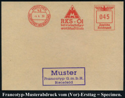 MÜNCHEN/ 43/ HDB/ M/ RKS/ RKS-Öl/ Betriebssicher.. 1939 (4.4.) AFS-Musterabdruck Francotyp "Reichsadler" (Monopolin-Logo - Chimica