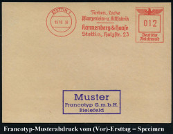 STETTIN 1/ Farben.Lacke/ Pflanzenleiim-u.Kittfabrik/ Kannenberg & Haase.. 1938 (19.10.) AFS-Musterabdruck Francotyp "Rei - Scheikunde