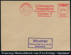 HANNOVER 1/ I.G.Farbenindustrie/ AG/ Verkaufskontor Hannover.. 1937 (22.4.) AFS-Musterabdruck Francotyp "Reichsadler" Gl - Chimie